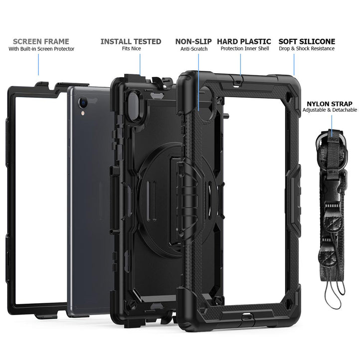ARMOR-X Lenovo Tab M10 Plus TB-X606 shockproof case, impact protection cover with hand strap and kick stand. Ultra 3 layers impact resistant design