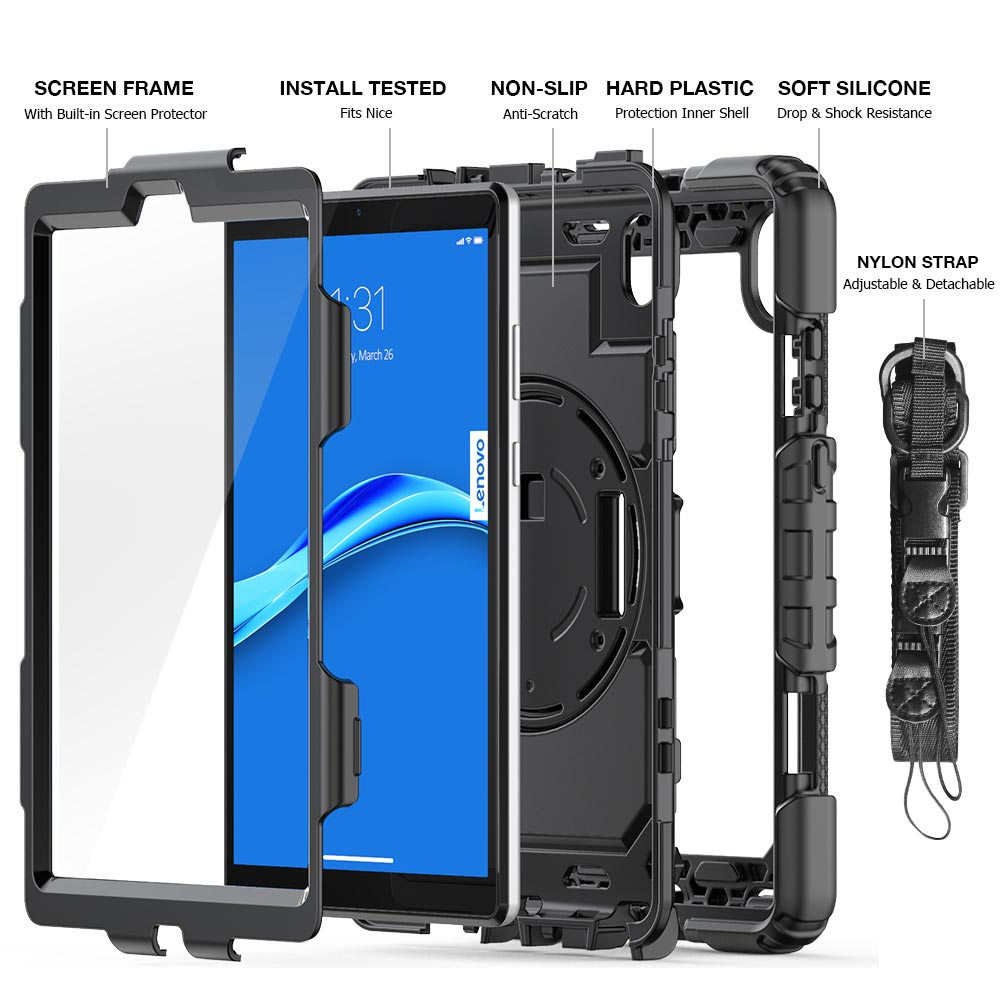 ARMOR-X Lenovo M8 (HD) TB-8505 / M8 (FHD) TB-8705 / M8 (3rd Gen) TB-8506 shockproof case, impact protection cover with hand strap and kick stand. Ultra 3 layers impact resistant design
