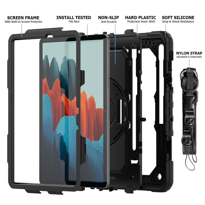 GEN-SS-S7 | Samsung Galaxy Tab S7 SM-T870 / SM-T875 / SM-T876B | Rainproof military grade rugged case with hand strap and kick-stand