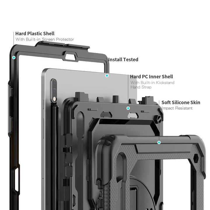 ARMOR-X Samsung Galaxy Tab S8+ S8 Plus SM-X800 / X806 & S7+ / S7 FE shockproof case, impact protection cover with hand strap and kick stand. Ultra 3 layers impact resistant design.