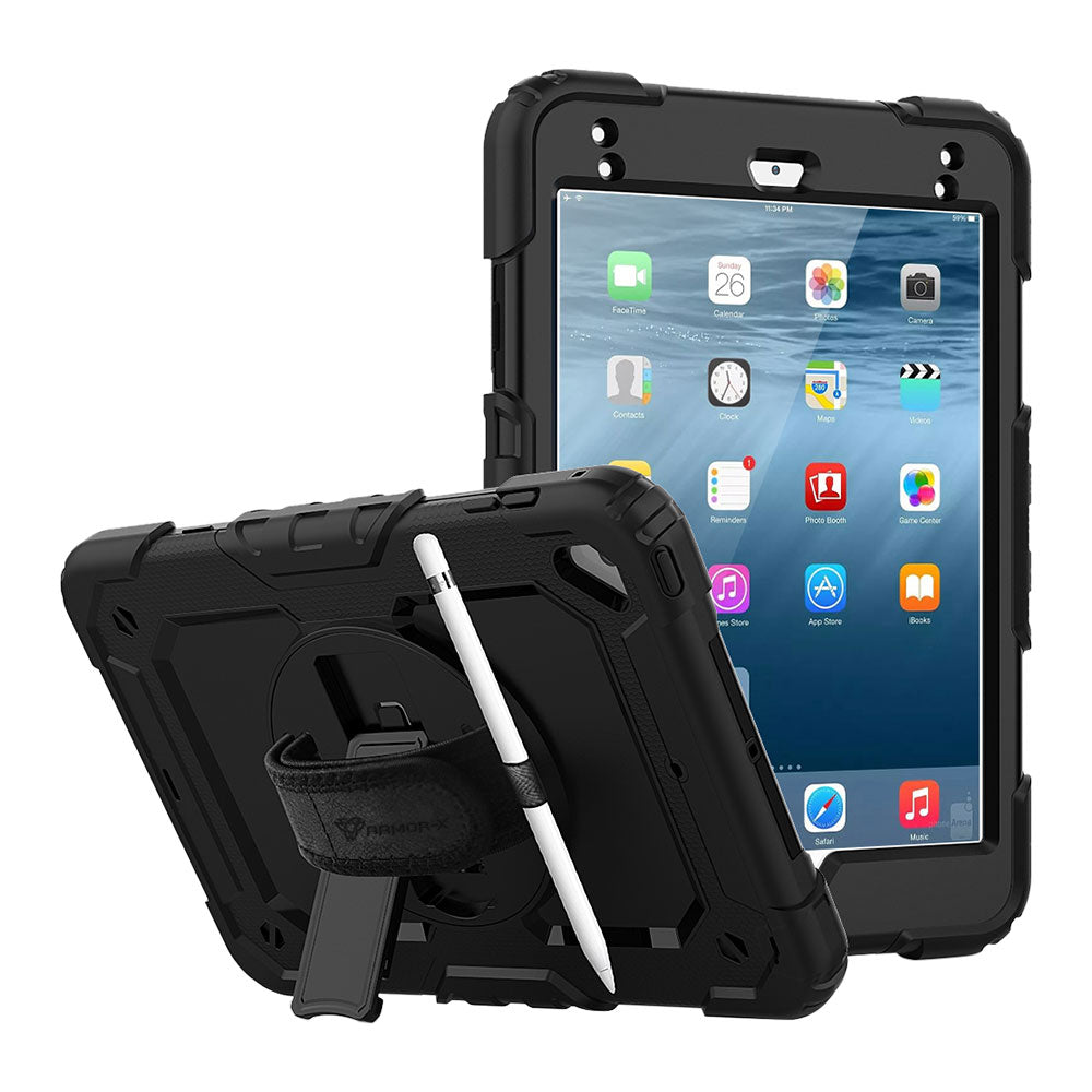 ARMOR-X iPad mini 5 / mini 4 shockproof case, impact protection cover with hand strap and kick stand. One-handed design for your workplace.