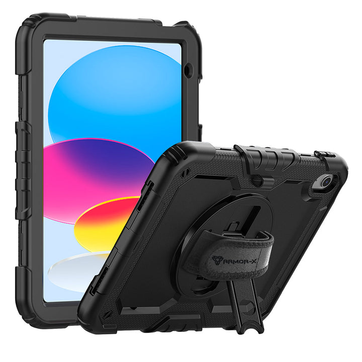 ARMOR-X iPad 10.9 rainproof shockproof case, impact protection cover with hand strap and kick stand. One-handed design for your workplace.