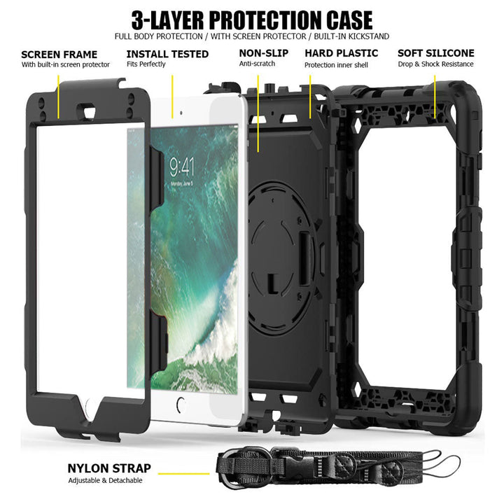 ARMOR-X iPad 9.7 ( 5th / 6th Gen.) 2017 / 2018 shockproof case, impact protection cover with hand strap and kick stand. Ultra 3 layers impact resistant design.