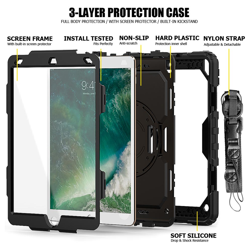 ARMOR-X iPad Pro 10.5 2017 shockproof case, impact protection cover with hand strap and kick stand. Ultra 3 layers impact resistant design
