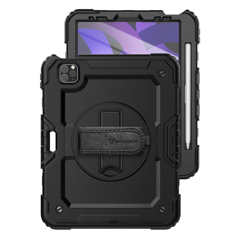 ARMOR-X iPad Pro 11 ( 2nd / 3rd Gen. ) 2020 / 2021 shockproof case, impact protection cover with hand strap and kick stand. One-handed design for your workplace.