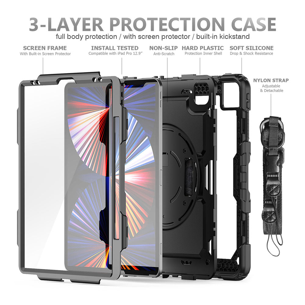 ARMOR-X iPad Pro 12.9 ( 3rd / 4th / 5th / 6th Gen. ) 2018 / 2020 / 2021 / 2022 shockproof case, impact protection cover with hand strap and kick stand. Ultra 3 layers impact resistant design