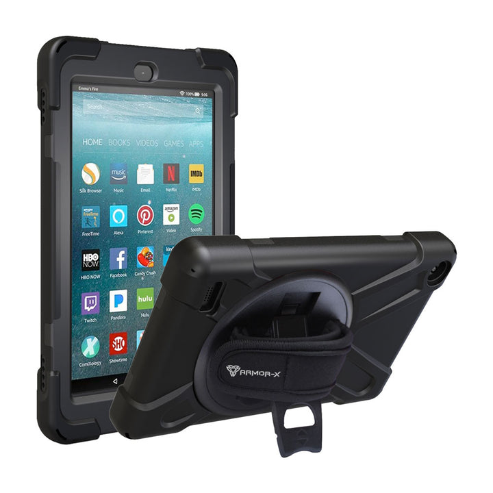 ARMOR-X Amazon Fire 7 2017 shockproof case, impact protection cover with hand strap and kick stand. One-handed design for your workplace.