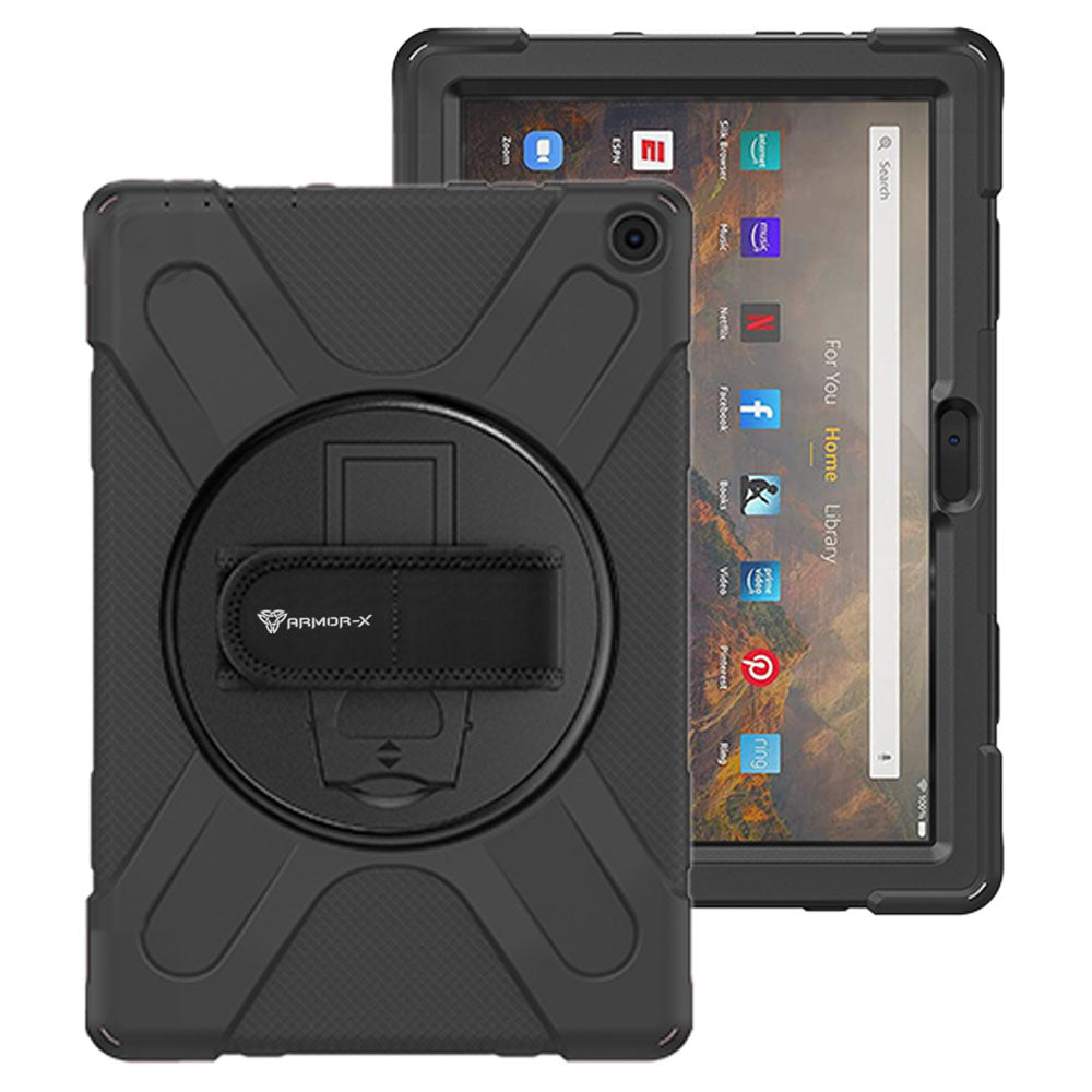 ARMOR-X Amazon Fire HD 10 2021 shockproof case, impact protection cover with hand strap and kick stand. One-handed design for your workplace.