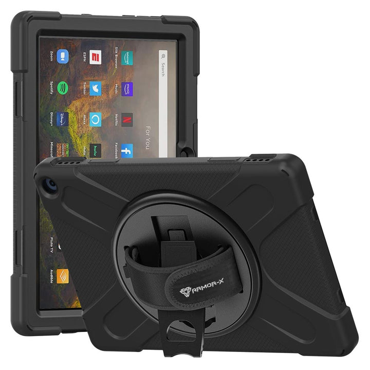 ARMOR-X Amazon Fire HD 10 2021  shockproof case, impact protection cover with hand strap and kick stand. One-handed design for your workplace.