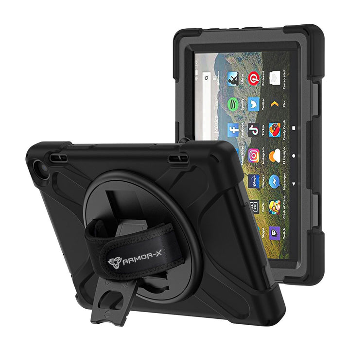 ARMOR-X Amazon Fire HD 8 / HD 8 Plus 2022 shockproof case, impact protection cover with hand strap and kick stand. One-handed design for your workplace.
