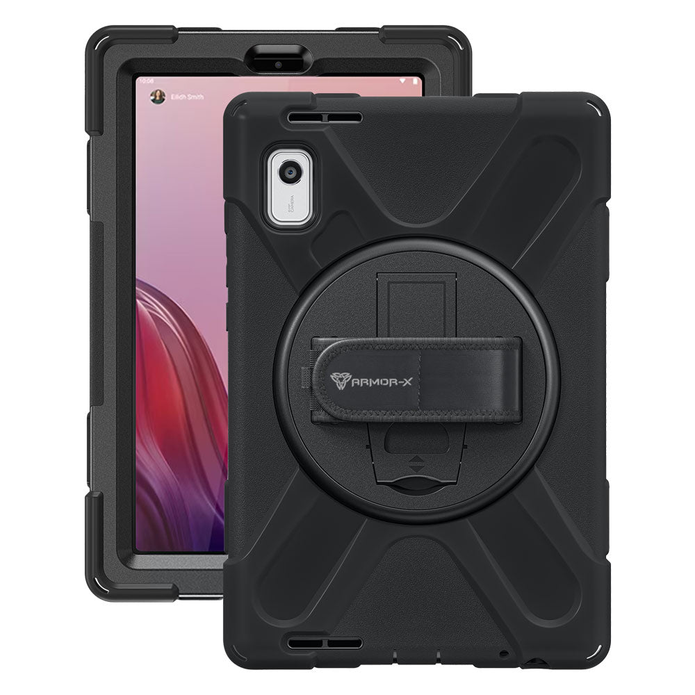 ARMOR-X Lenovo Tab M9 TB310 shockproof case, impact protection cover with hand strap and kick stand. One-handed design for your workplace.