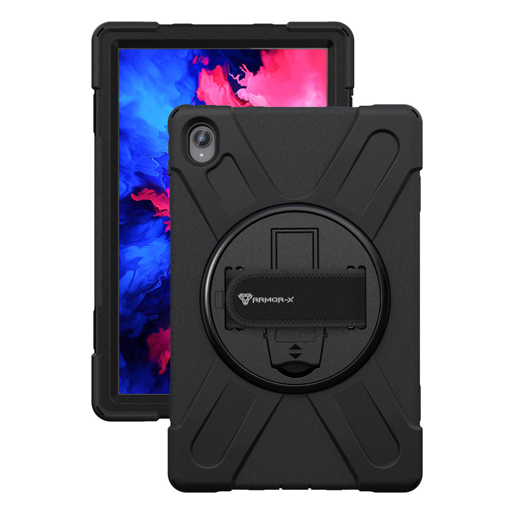 ARMOR-X Lenovo Tab P11 TB-J606 shockproof case, impact protection cover with hand strap and kick stand. One-handed design for your workplace.