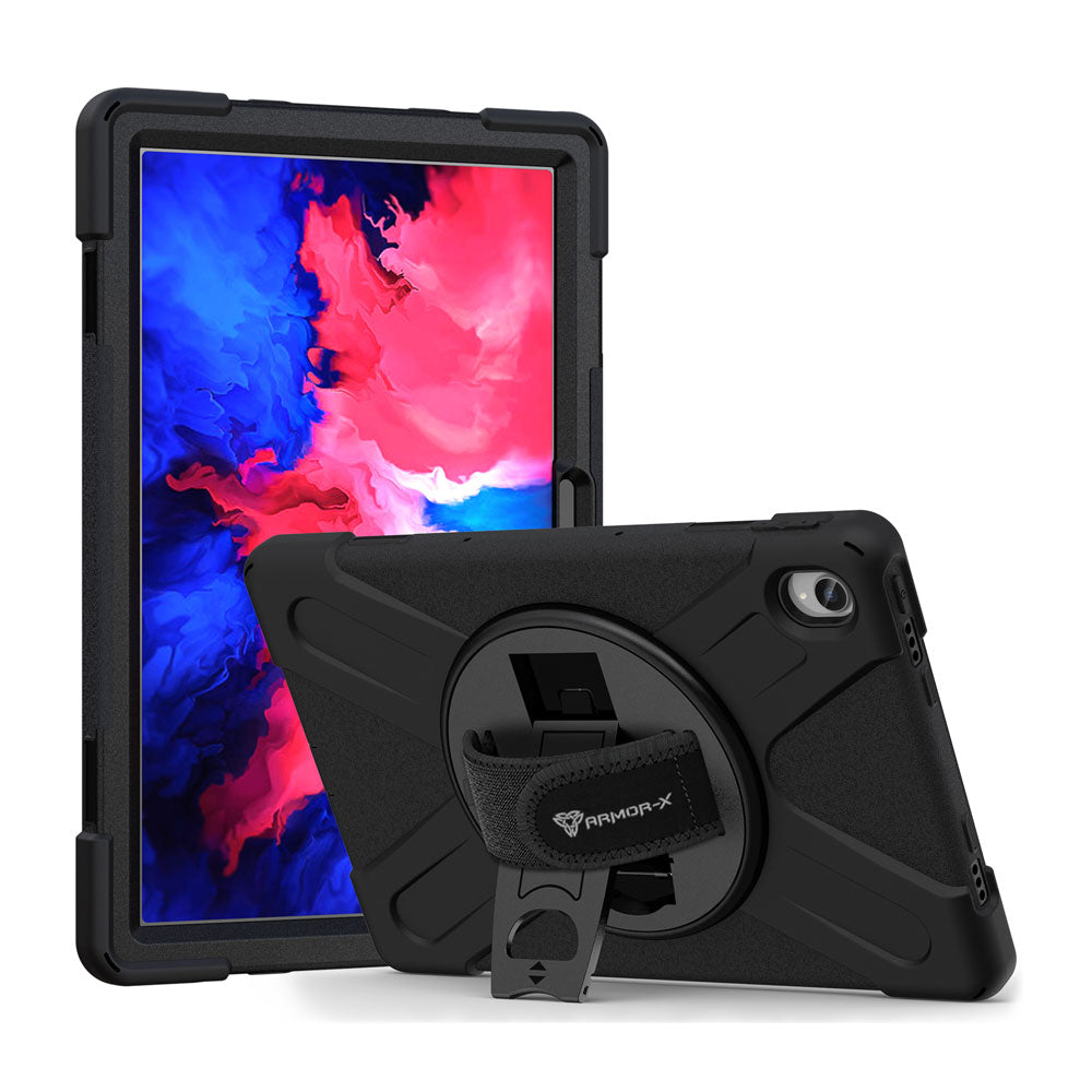 ARMOR-X Lenovo Tab P11 TB-J606 shockproof case, impact protection cover with hand strap and kick stand. One-handed design for your workplace.