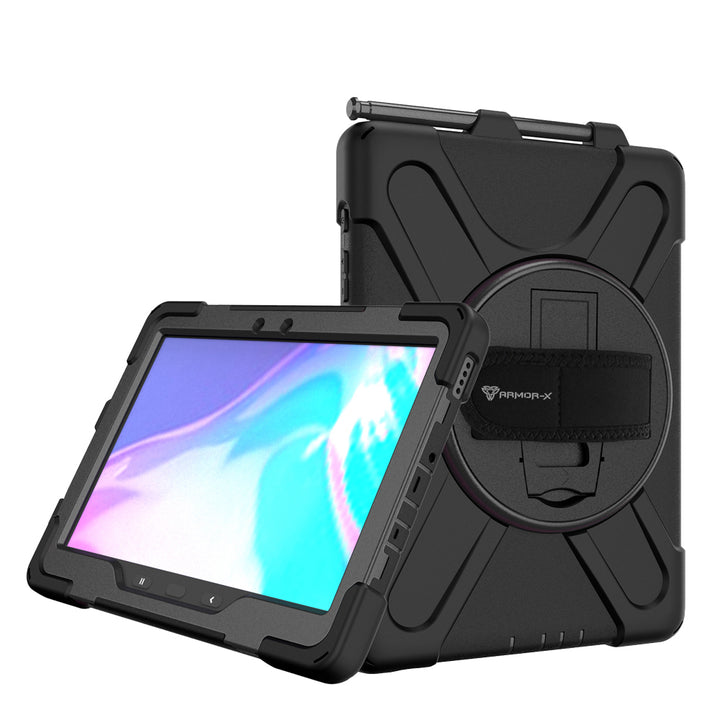 ARMOR-X Samsung Galaxy Tab Active Pro SM-T545 T547 / Active4 Pro SM-T630 T636 DM-638U shockproof case, impact protection cover with hand strap and kick stand. One-handed design for your workplace.