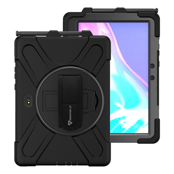 ARMOR-X Samsung Galaxy Tab Active Pro SM-T545 T547 / Active4 Pro SM-T630 T636 DM-638U shockproof case, impact protection cover with hand strap and kick stand. One-handed design for your workplace.