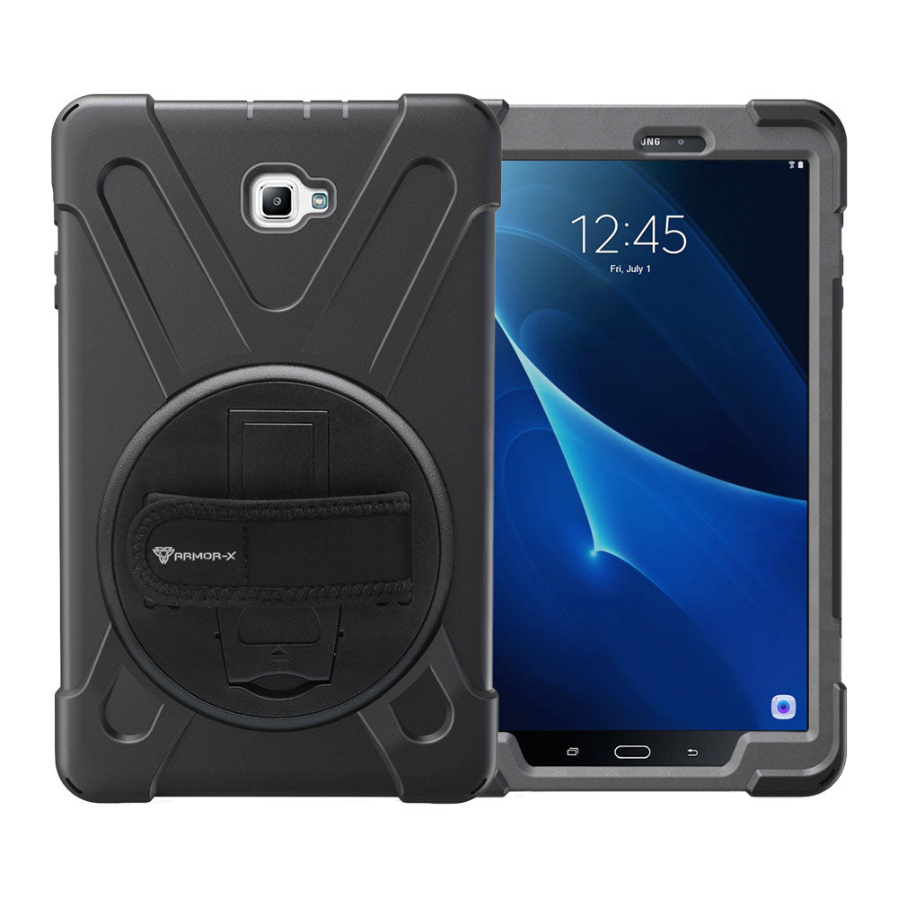ARMOR-X Samsung Galaxy Tab A 10.1 (2016) T580 T585 shockproof case, impact protection cover with hand strap and kick stand. One-handed design for your workplace.