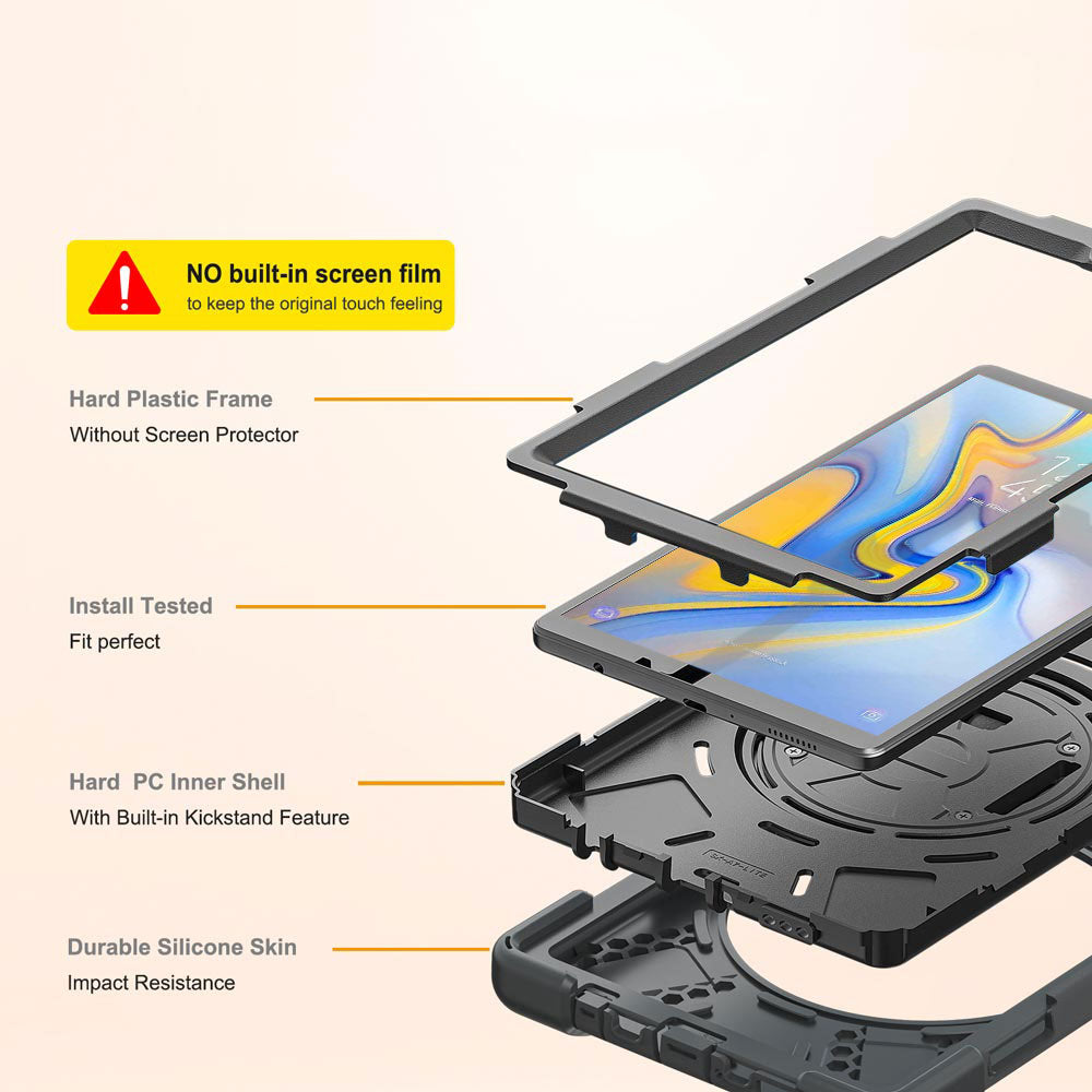 ARMOR-X Samsung Galaxy Tab A 10.5 2018 T590 T595 shockproof rugged case with hand strap and kick-stand. Ultra 3 layers impact resistant design.