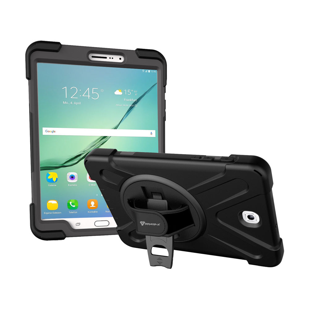 ARMOR-X Samsung Galaxy Tab S2 8.0 T719N T715 T710 shockproof case, impact protection cover with hand strap and kick stand. One-handed design for your workplace.