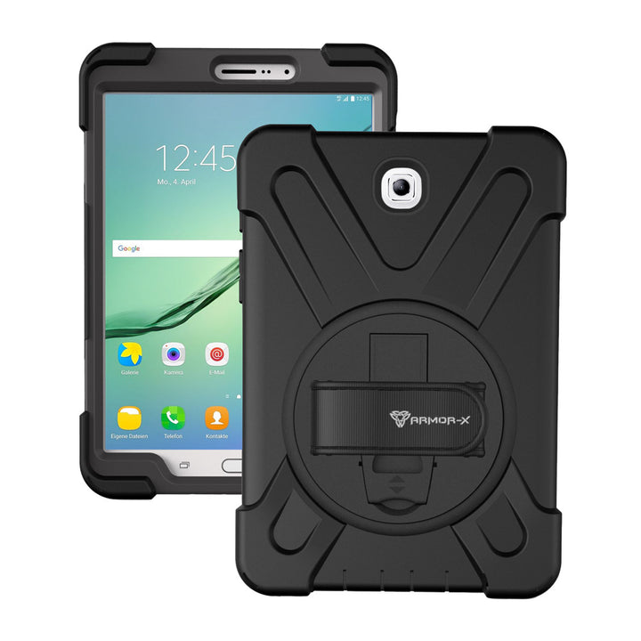 ARMOR-X Samsung Galaxy Tab S2 8.0 T719N T715 T710 shockproof case, impact protection cover with hand strap and kick stand. One-handed design for your workplace.