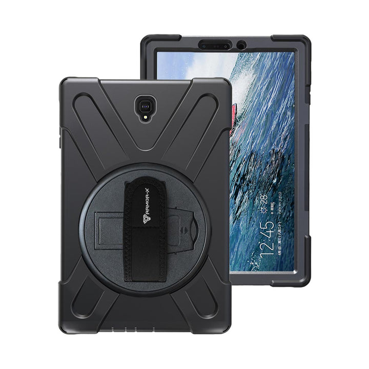 ARMOR-X Samsung Galaxy Tab S4 10.5 T830 T835 shockproof case, impact protection cover with hand strap and kick stand. One-handed design for your workplace.
