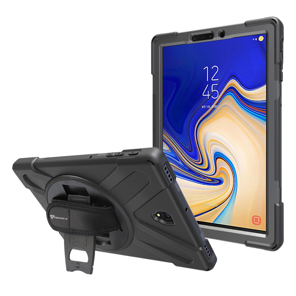 ARMOR-X Samsung Galaxy Tab S4 10.5 T830 T835 shockproof case, impact protection cover with hand strap and kick stand. One-handed design for your workplace.
