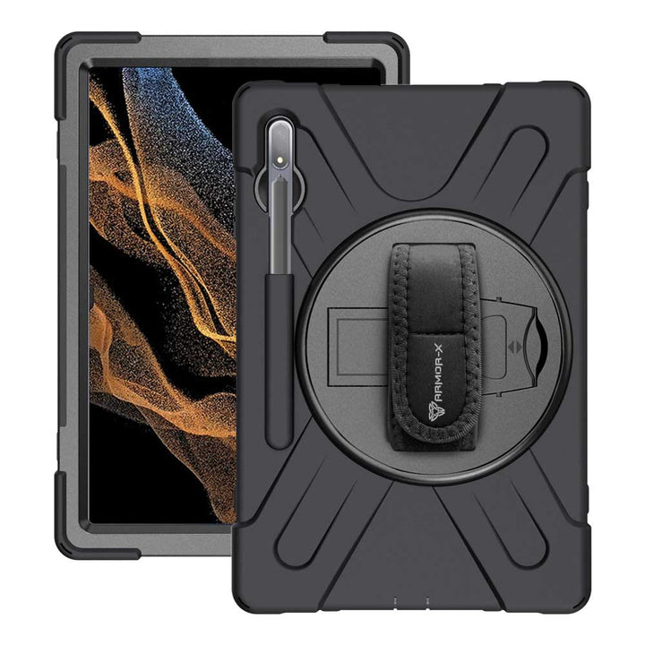 ARMOR-X Samsung Galaxy Tab S8 Ultra SM-X900 / X906 ultra 3 layers shockproof rugged case with hand strap and kick-stand.  heavy duty rugged case.