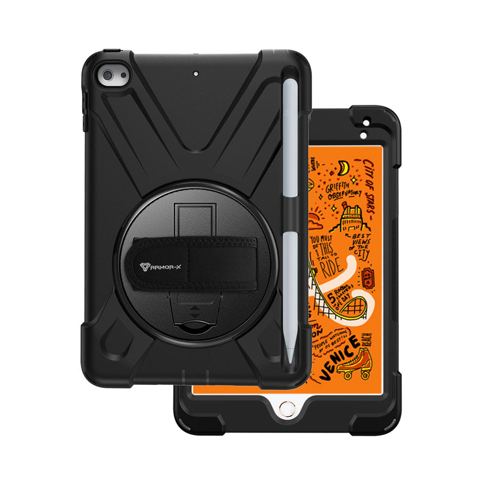 ARMOR-XiPad mini 5 / mini 4 shockproof case, impact protection cover with hand strap and kick stand. One-handed design for your workplace.