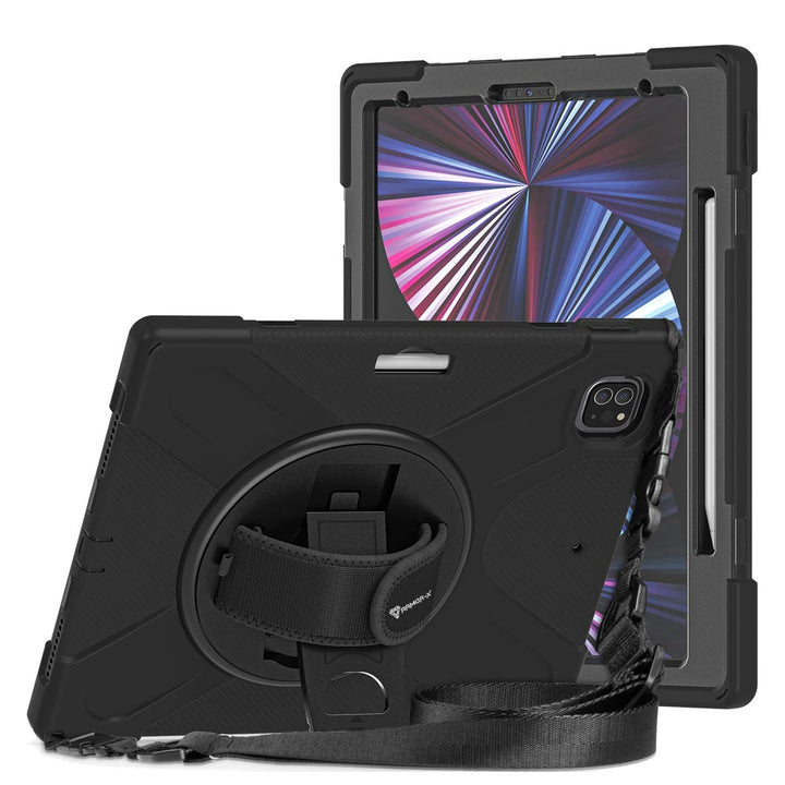 ARMOR-X iPad Pro 12.9 ( 5th Gen ) 2021 shockproof case, impact protection cover with hand strap and kick stand. One-handed design for your workplace.