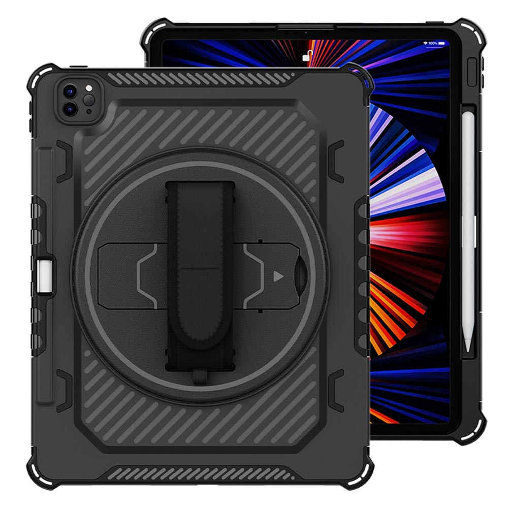 ARMOR-X iPad Pro 12.9 ( 3rd / 4th / 5th / 6th Gen. ) 2018 / 2020 / 2021 / 2022 shockproof case, impact protection cover with hand strap and kick stand.
