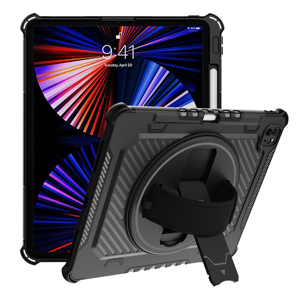 ARMOR-X iPad Pro 12.9 ( 3rd / 4th / 5th / 6th Gen. ) 2018 / 2020 / 2021 / 2022 shockproof case, impact protection cover with hand strap and kick stand.