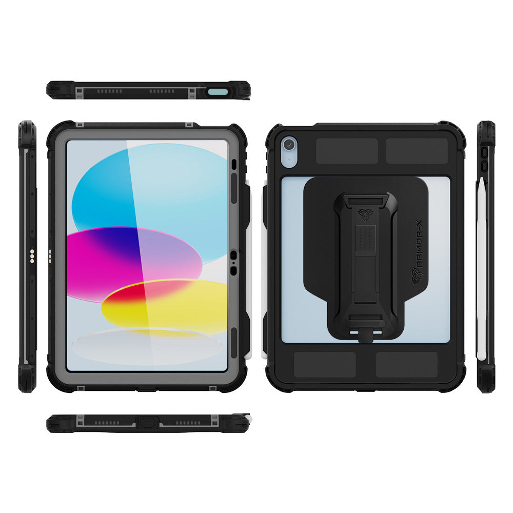 MXK-iPad-N5 | iPad 10.9 (10th Gen.) | IP68 Waterproof Case W/ Keyboard  Connector, Pencil Holder, Hand Strap, Kickstand & X-mount