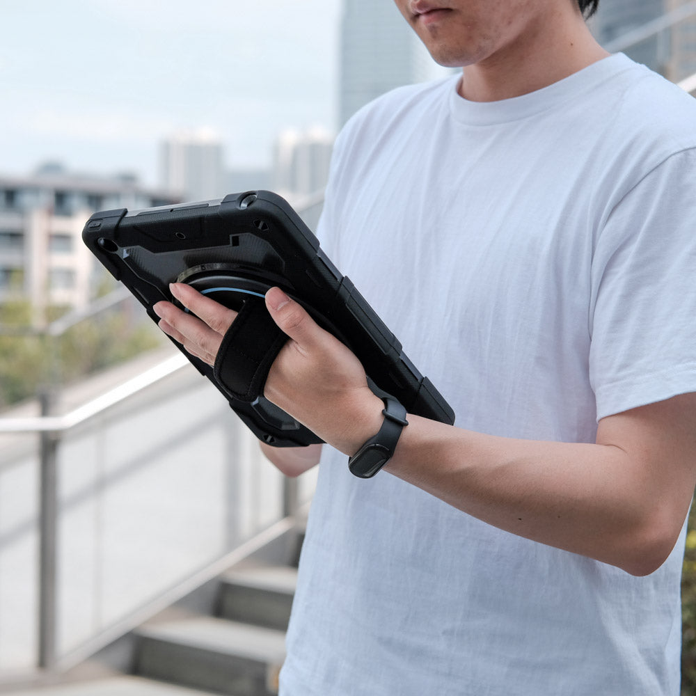 ARMOR-X iPad 10.2 (7TH & 8TH & 9TH GEN.) 2019 / 2020 / 2021 shockproof case, impact protection cover with hand strap and kick stand, with 360 degree rotation hand strap design. Hand free typing, drawing, video watching.