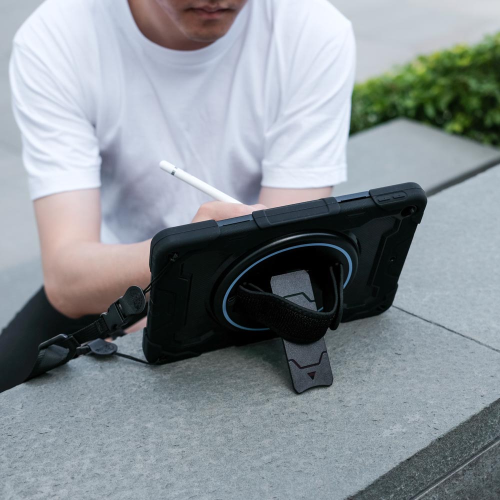ARMOR-X iPad 10.2 (7TH & 8TH & 9TH GEN.) 2019 / 2020 / 2021 shockproof case, impact protection cover with hand strap and kick stand, with 360 degree rotation hand strap design. Hand free typing, drawing, video watching.