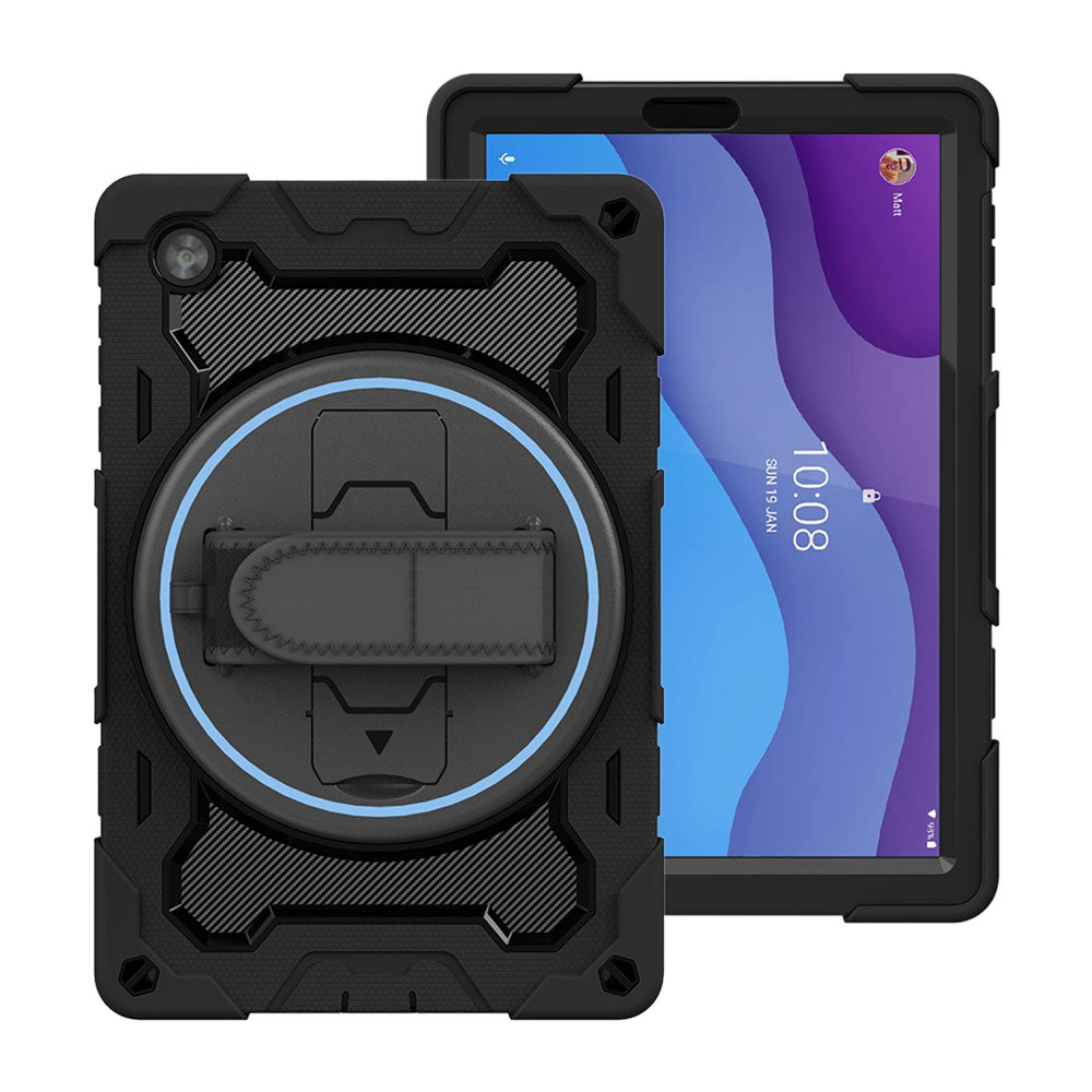 ARMOR-X Lenovo Tab M10 HD (2nd Gen) TB-X306F shockproof case, impact protection cover with hand strap and kick stand. One-handed design for your workplace.