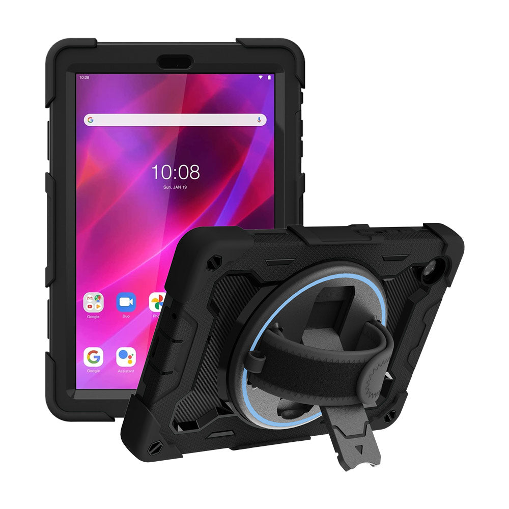 ARMOR-X Lenovo Tab M8 (3rd Gen) TB-8506 shockproof case, impact protection cover with hand strap and kick stand. One-handed design for your workplace.