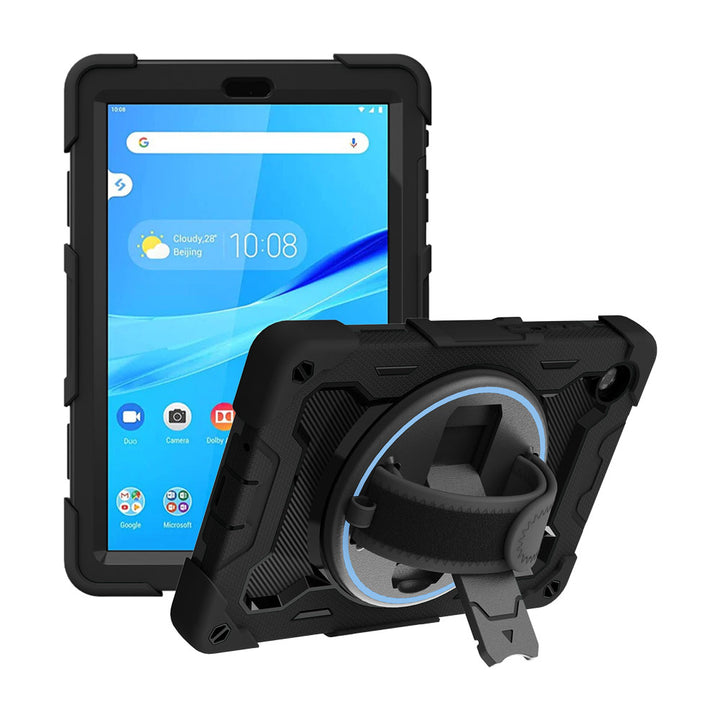ARMOR-X Lenovo Tab M8 (HD) TB-8505 shockproof case, impact protection cover with hand strap and kick stand. One-handed design for your workplace.