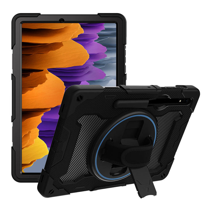 ARMOR-X Samsung Galaxy Tab S7 SM-T870 / SM-T875 / SM-T876B shockproof case, impact protection cover with hand strap and kick stand. One-handed design for your workplace.