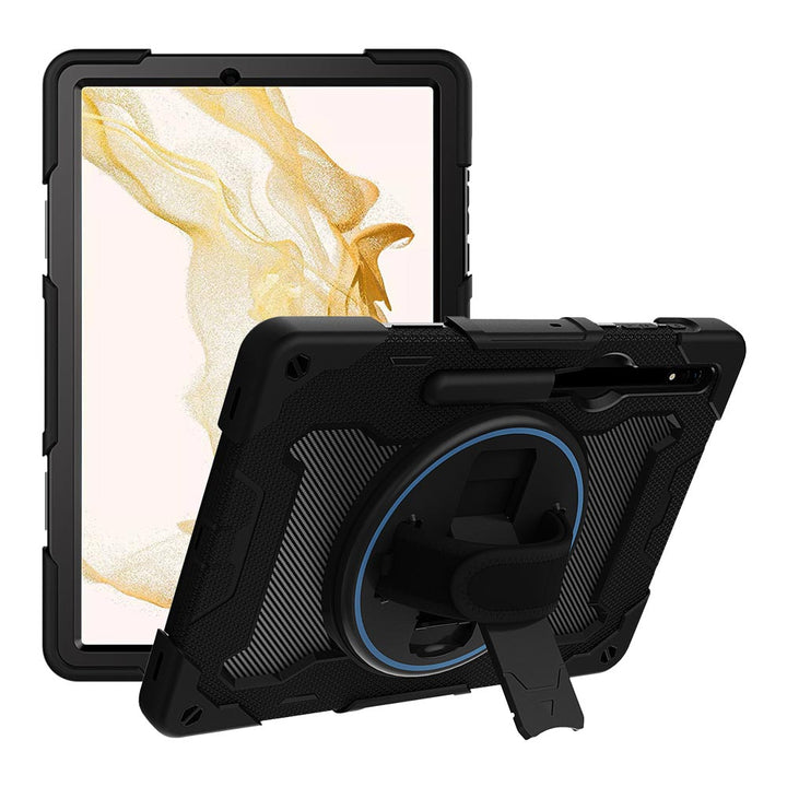 ARMOR-X Samsung Galaxy Tab S8 SM-X700 / SM-X706 shockproof case, impact protection cover with hand strap and kick stand. One-handed design for your workplace.