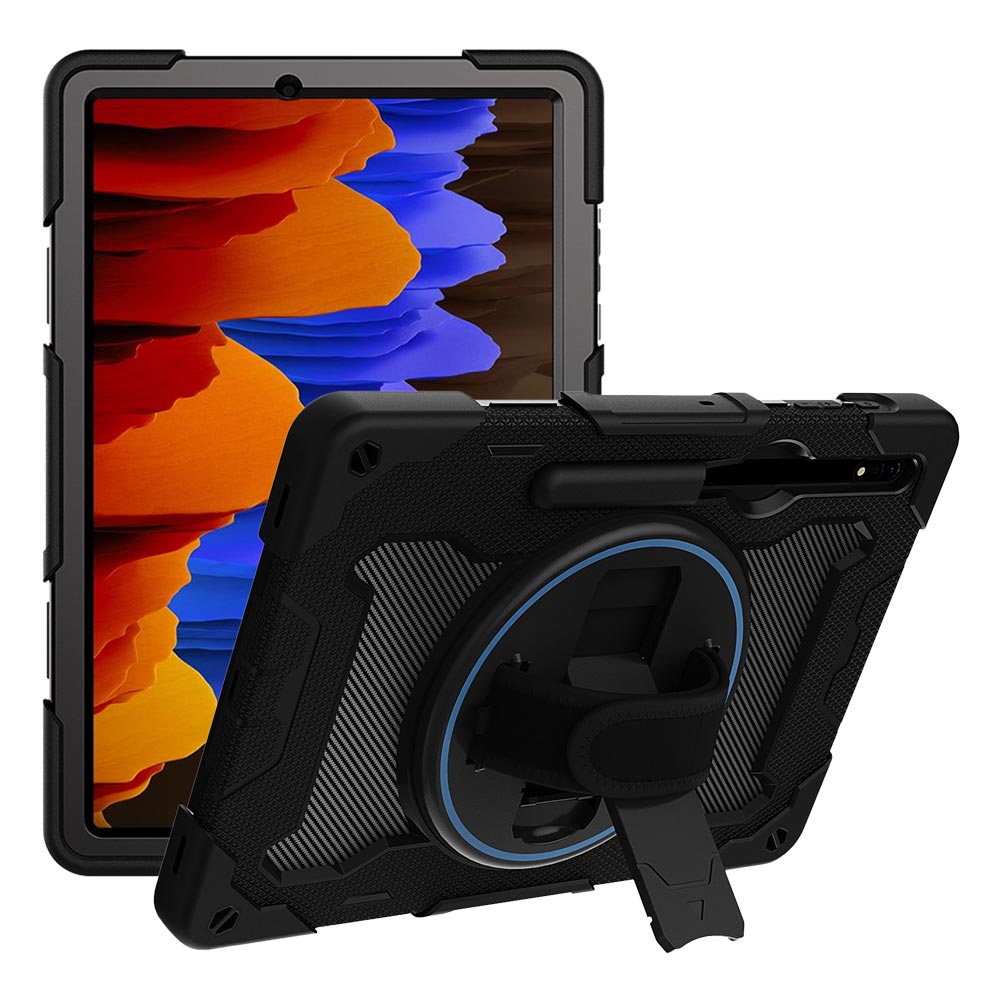 ARMOR-X Samsung Galaxy Tab S7 Plus S7+ SM-T970 / T975 / T976B shockproof case, impact protection cover with hand strap and kick stand. One-handed design for your workplace.