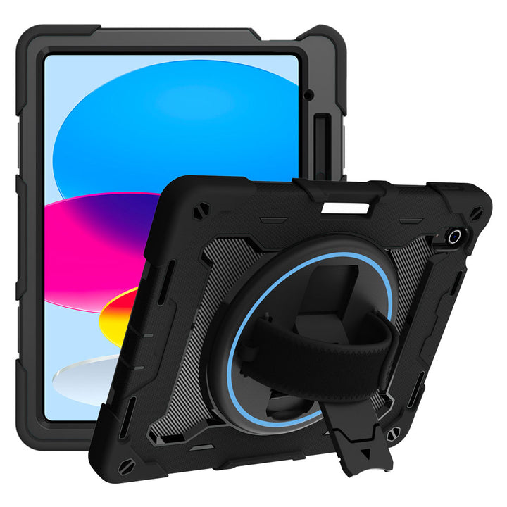ARMOR-X iPad 10.9 (10th Gen.) shockproof case, impact protection cover with hand strap and kick stand. One-handed design for your workplace.