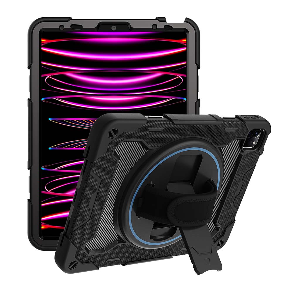ARMOR-X iPad Pro 11 ( 1st / 2nd / 3rd / 4th Gen. ) 2018 / 2020 / 2021 / 2022 shockproof case, impact protection cover with hand strap and kick stand. One-handed design for your workplace.