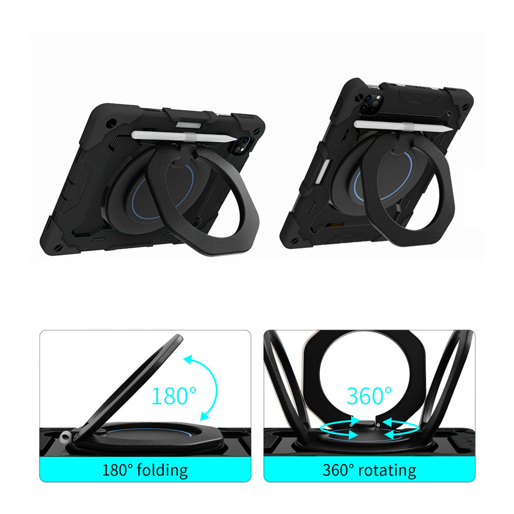 ARMOR-X Apple iPad Pro 11 ( 1st / 2nd / 3rd / 4th Gen. ) 2018 / 2020 / 2021 / 2022 shockproof case, impact protection cover with kickstand and folding grip. Folding grip kickstand support both portrait and landscape mode. 