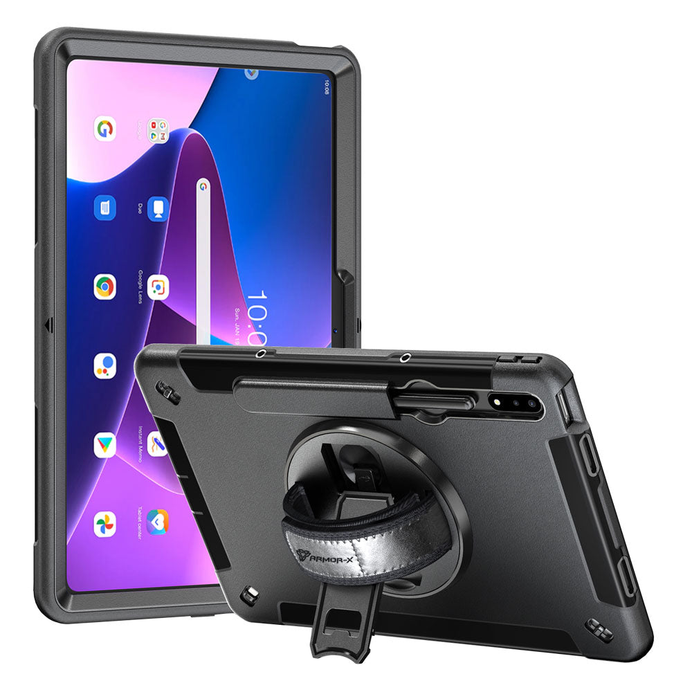 ARMOR-X Lenovo Tab P12 Pro TB-Q706F shockproof case, impact protection cover with hand strap and kick stand. One-handed design for your workplace.
