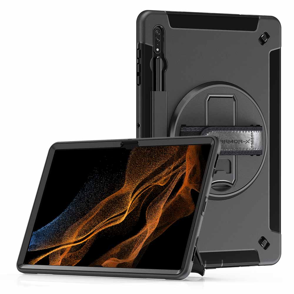 RIN-SS-X900 | Samsung Galaxy Tab S8 Ultra SM-X900 / X906 | Rainproof military grade rugged case with hand strap and kick-stand