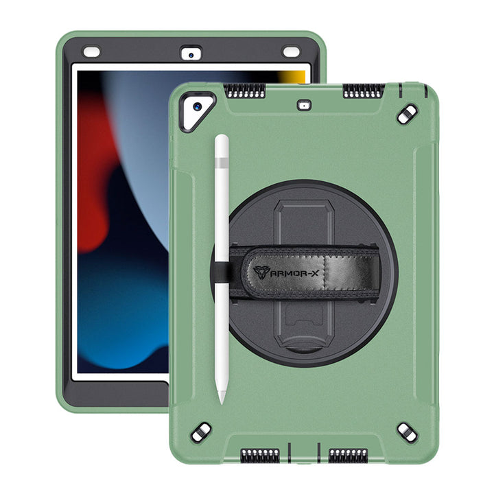 ARMOR-X iPad 10.2 (9TH GEN.) 2021 shockproof case, impact protection cover with hand strap and kick stand. One-handed design for your workplace.
