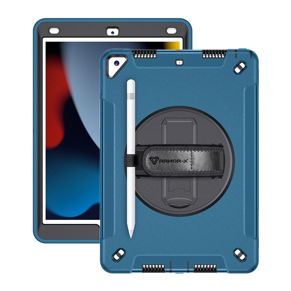 ARMOR-X iPad 10.2 (9TH GEN.) 2021 shockproof case, impact protection cover with hand strap and kick stand. One-handed design for your workplace.