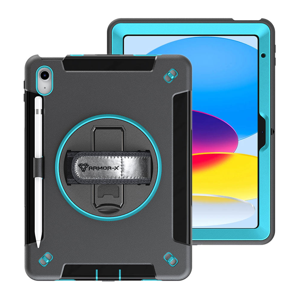 ARMOR-X iPad 10.9 shockproof case, impact protection cover with hand strap and kick stand. One-handed design for your workplace.