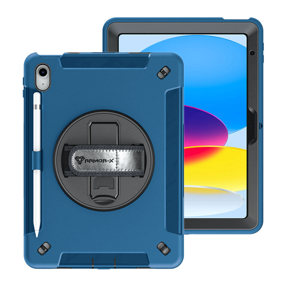 RIN-iPad-N5 | iPad 10.9 (10th Gen.) | Rainproof military grade rugged case  with hand strap and kick-stand