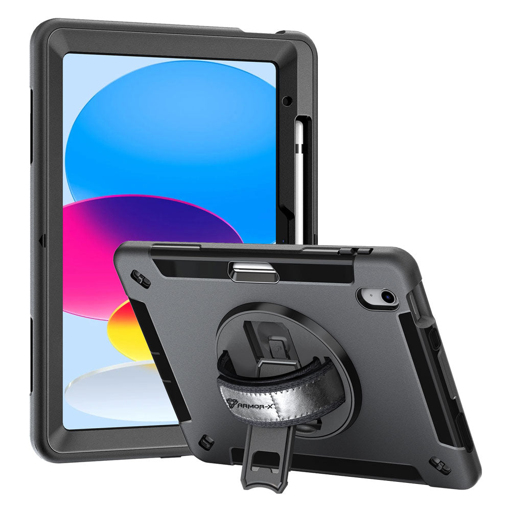 ARMOR-X iPad 10.9 shockproof case, impact protection cover with hand strap and kick stand. One-handed design for your workplace.