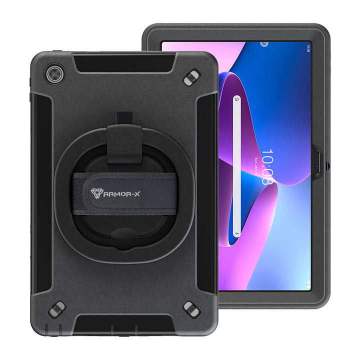 ARMOR-X Lenovo Tab M10 Plus 10.6 ( Gen3 ) TB125FU shockproof case, impact protection cover with hand strap and kick stand & folding grip. One-handed design for your workplace.